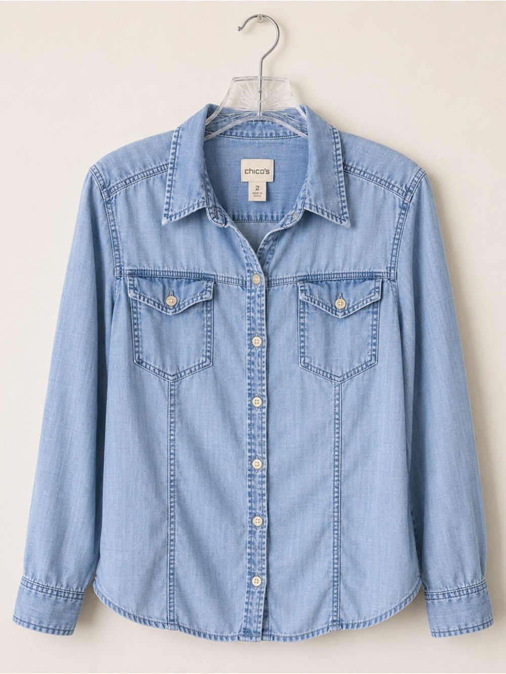Chico’s Lyocell Chambray Button Up Shirt Blue Lightweight Utility Top L